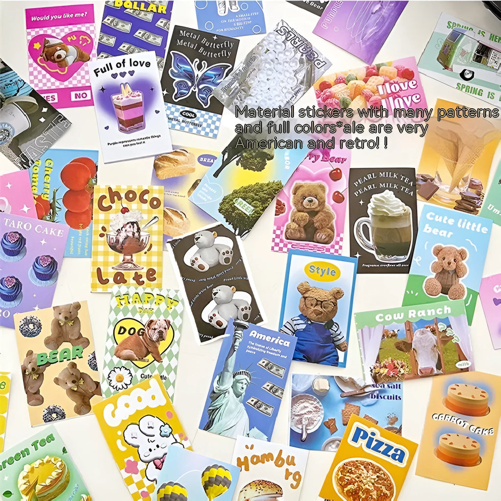 Copper board paper cartoon sticker book open showing 4x6cm sheets in various colours.