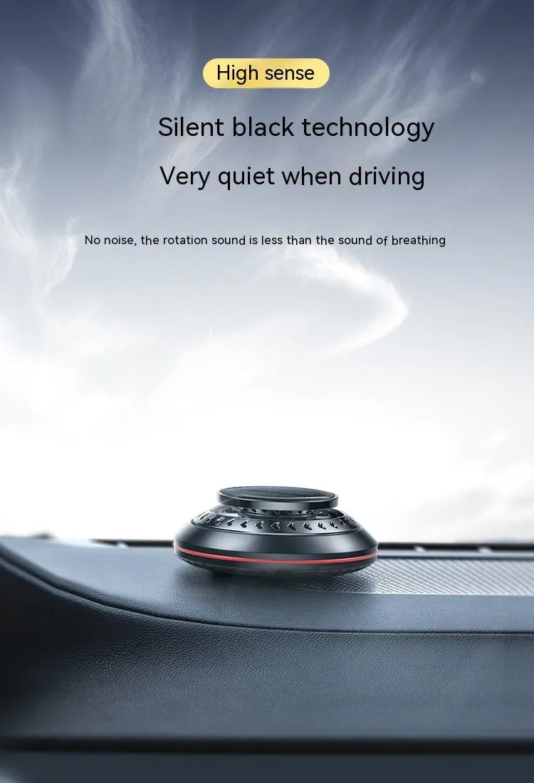 Solar-powered aluminium car air freshener in black, red or silver with 80mm diameter