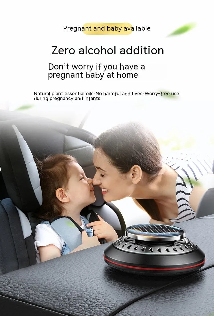Solar-powered aluminium car air freshener in black, red or silver with 80mm diameter