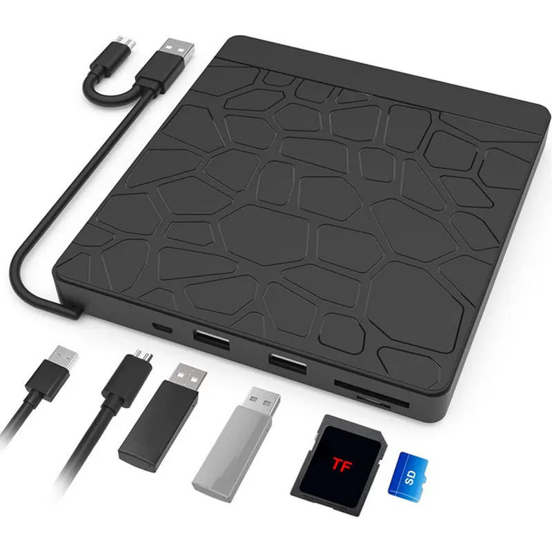 Black 5-in-1 external optical drive with dual interface, 15.4x14.3x1.8cm, for laptop and desktop CD DVD reading and recording