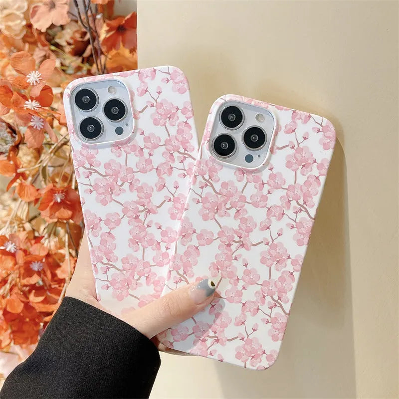 Pink cherry blossom soft silicone phone case for iPhone models with drop-resistant back cover