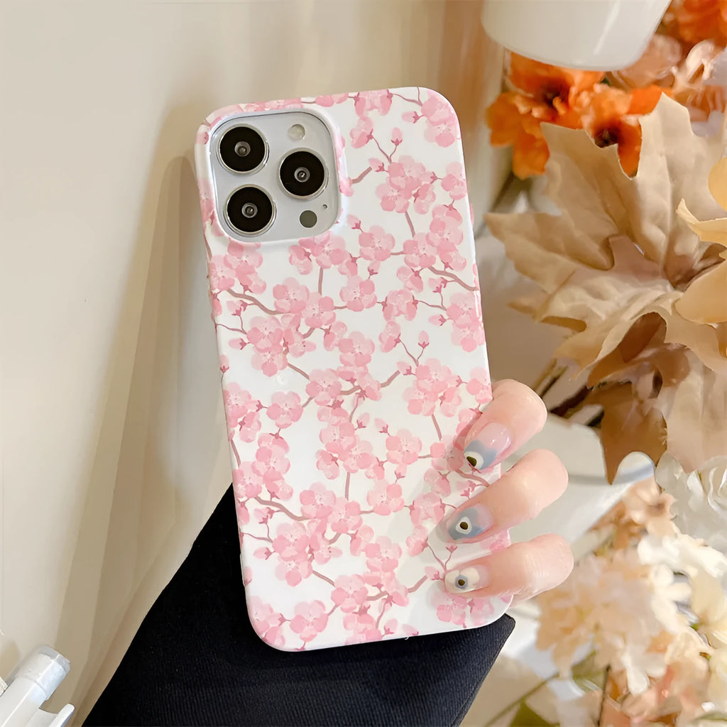 Pink cherry blossom soft silicone phone case for iPhone models with drop-resistant back cover