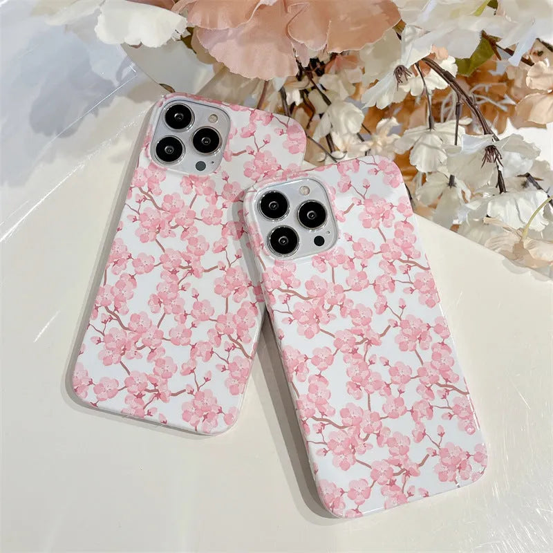 Pink cherry blossom soft silicone phone case for iPhone models with drop-resistant back cover