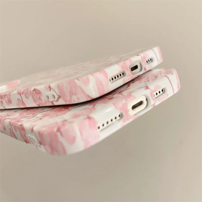 Pink cherry blossom soft silicone phone case for iPhone models with drop-resistant back cover
