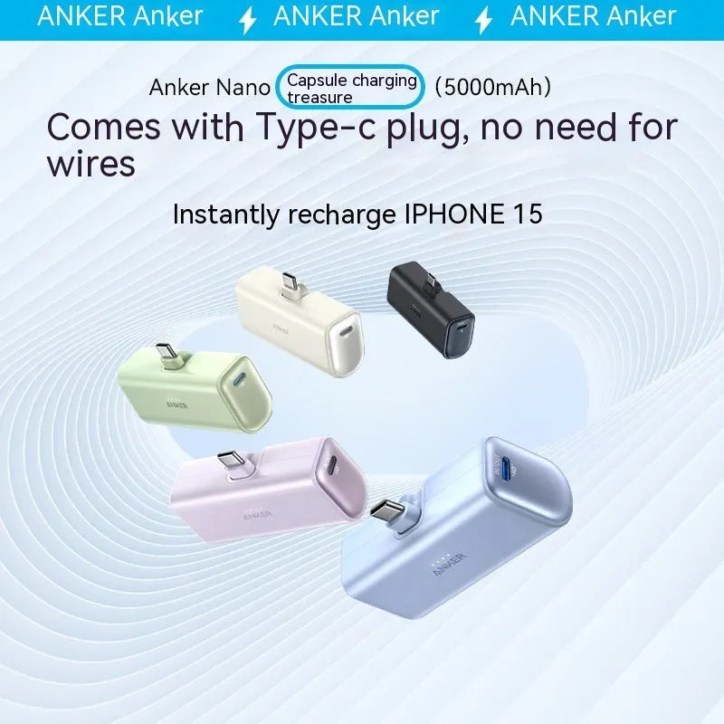 Capsule-shaped 5000mAh power bank with foldable USB-C cable in five colour options