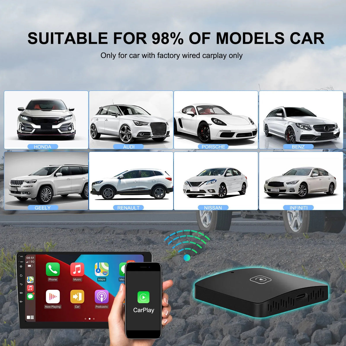 Universal wireless CarPlay adapter module in black with cables and accessories