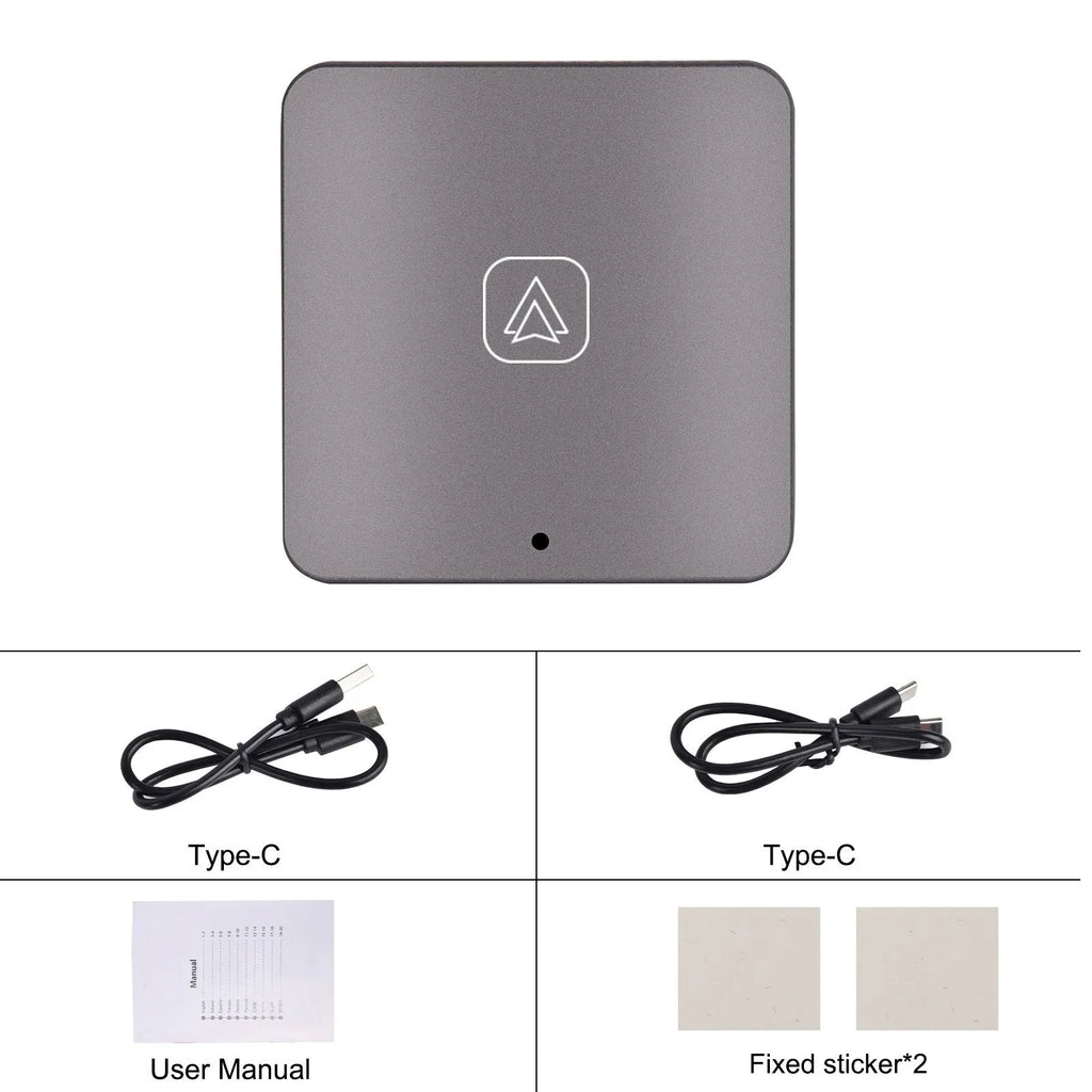 Universal wireless CarPlay adapter module in black with cables and accessories