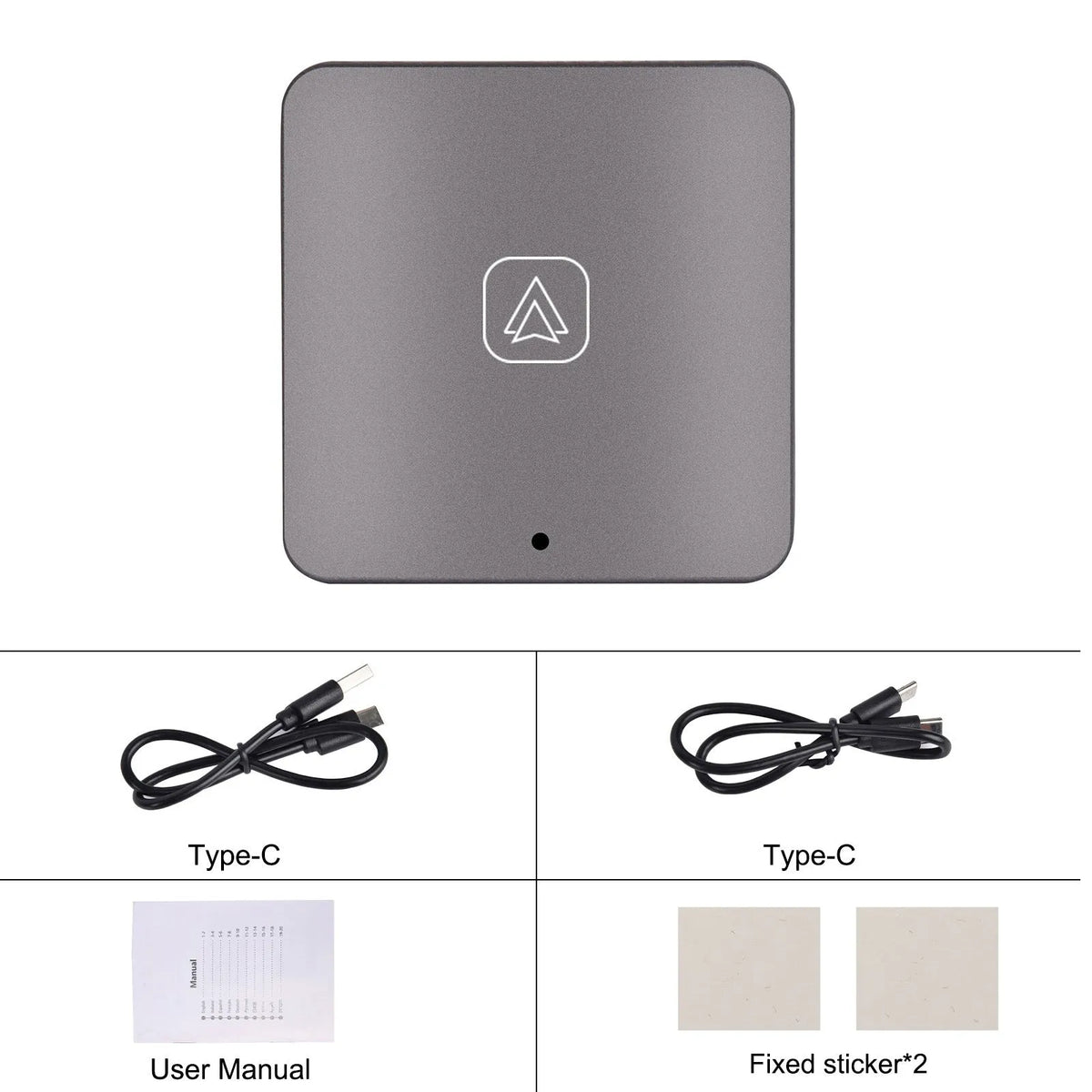 Universal wireless CarPlay adapter module in black with cables and accessories