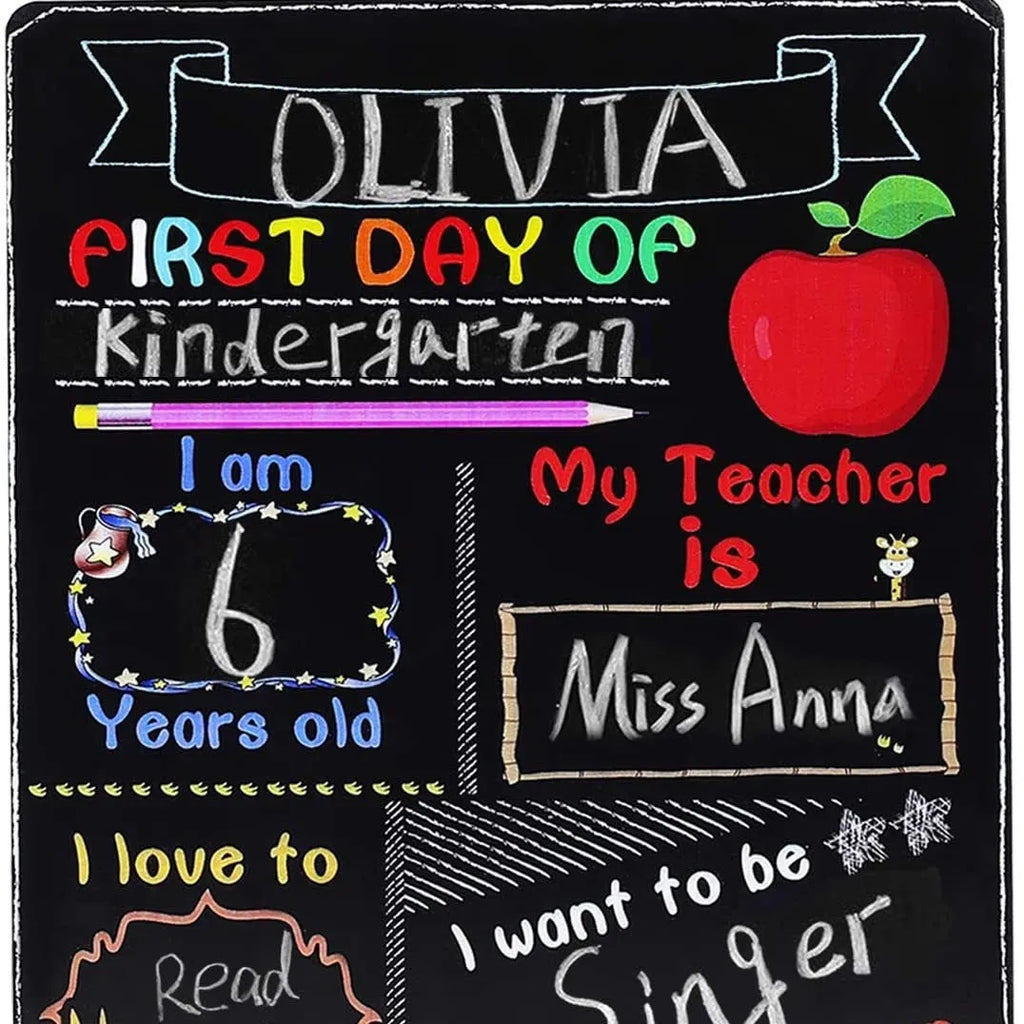 Modern wooden first day of school blackboard sign with dimensions 25.5cm by 30cm.