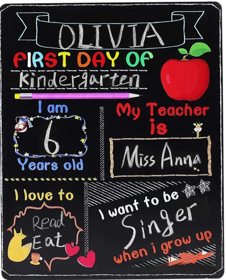 Modern wooden first day of school blackboard sign with dimensions 25.5cm by 30cm.