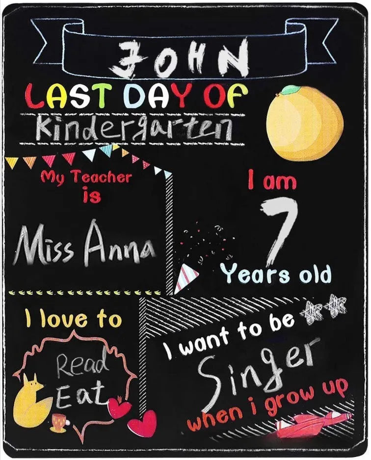 Modern wooden first day of school blackboard sign with dimensions 25.5cm by 30cm.