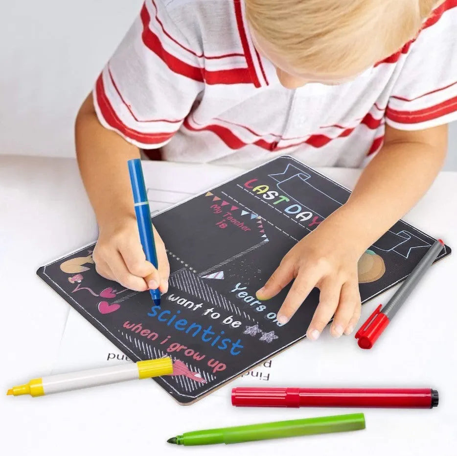 Modern wooden first day of school blackboard sign with dimensions 25.5cm by 30cm.