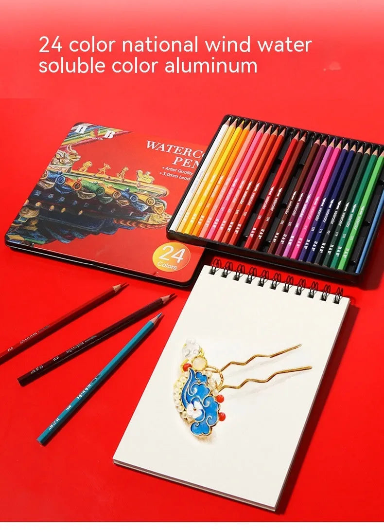 Water-soluble coloured pencil set with 24 colours in iron box, wooden pencils for dry and wet media artwork