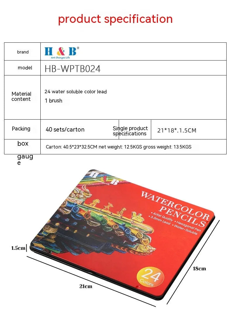 Water-soluble coloured pencil set with 24 colours in iron box, wooden pencils for dry and wet media artwork