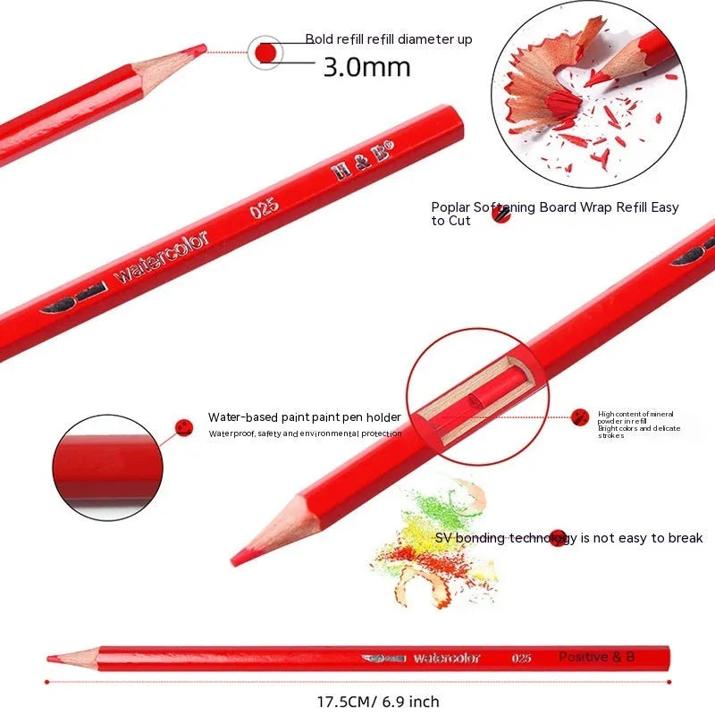 Water-soluble coloured pencil set with 24 colours in iron box, wooden pencils for dry and wet media artwork