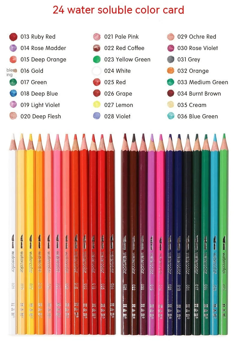 Water-soluble coloured pencil set with 24 colours in iron box, wooden pencils for dry and wet media artwork