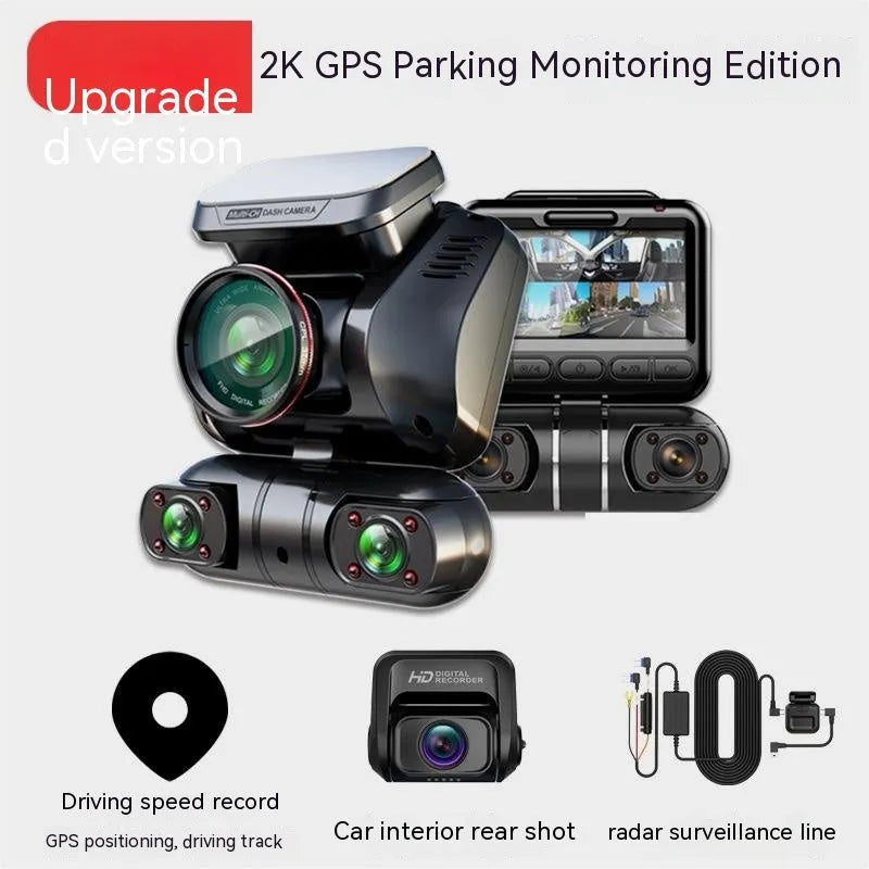 Panoramic four-lens car dash cam with a 2-inch screen on a plastic mount.