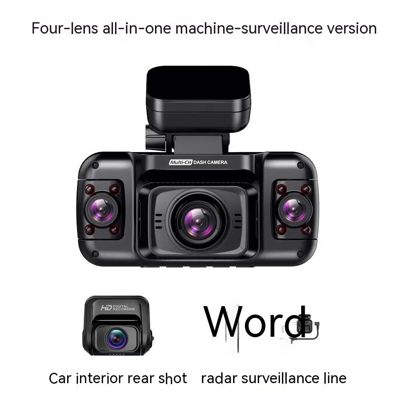 Panoramic four-lens car dash cam with a 2-inch screen on a plastic mount.