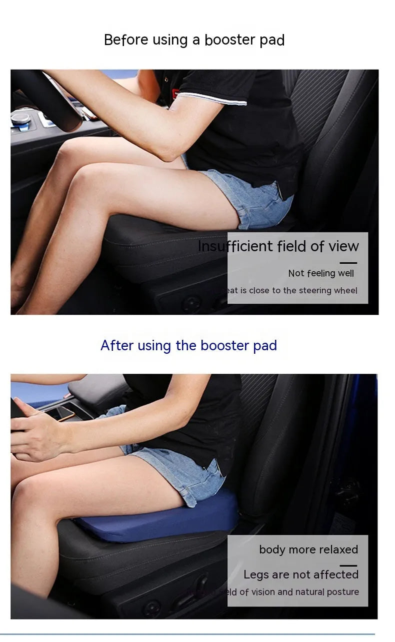 Black car seat cushion with thick foam padding, shown on a car seat.