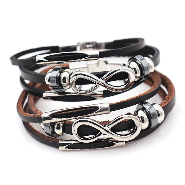 Men's cowhide leather bracelet with figure 8 infinity pendant and silver water wave chain in black or brown.