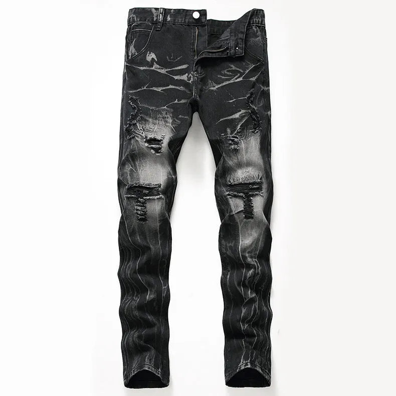 Ripped black straight-leg denim jeans for men in plus size range, front view