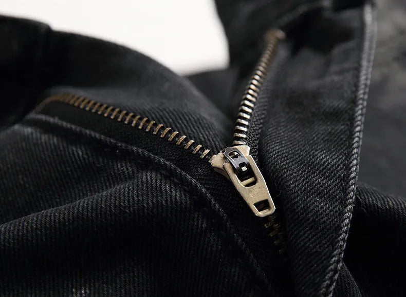 Ripped black straight-leg denim jeans for men in plus size range, front view