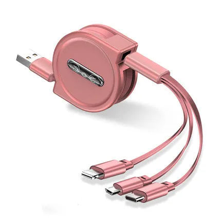 3 in 1 telescopic charging cable extended to show titanium alloy connectors and TPE wire body
