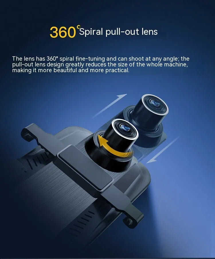 Black rearview mirror dash cam with 10-inch touch display showing road recording