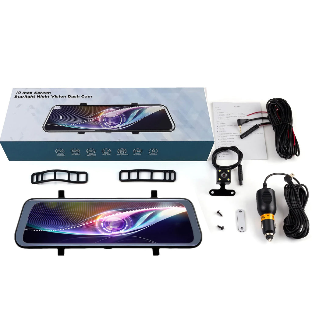 Black rearview mirror dash cam with 10-inch touch display showing road recording