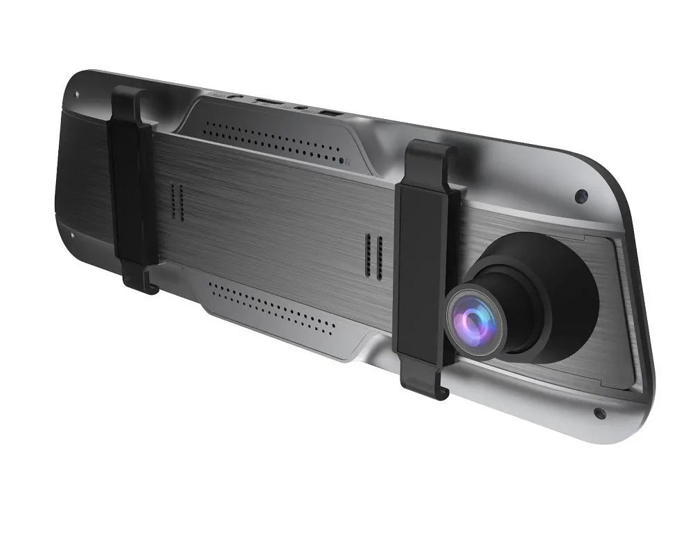 Black rearview mirror dash cam with 10-inch touch display showing road recording