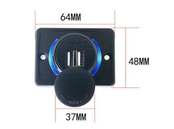 Black 12V to 5V USB car charger with two mounting screws for vehicle installation.