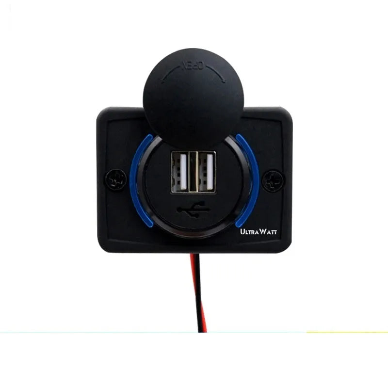 Black 12V to 5V USB car charger with two mounting screws for vehicle installation.
