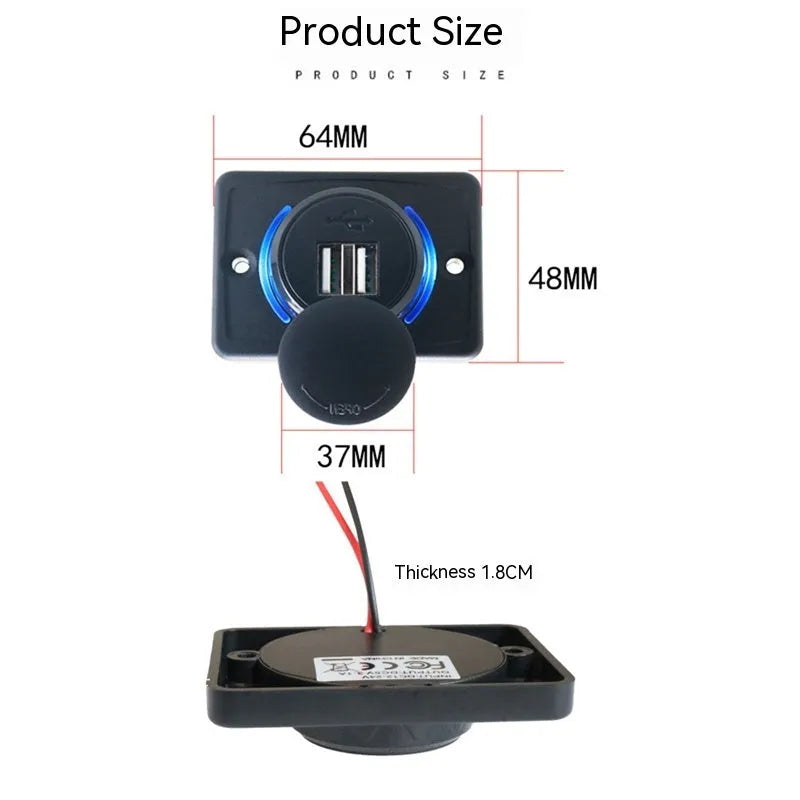 Black 12V to 5V USB car charger with two mounting screws for vehicle installation.