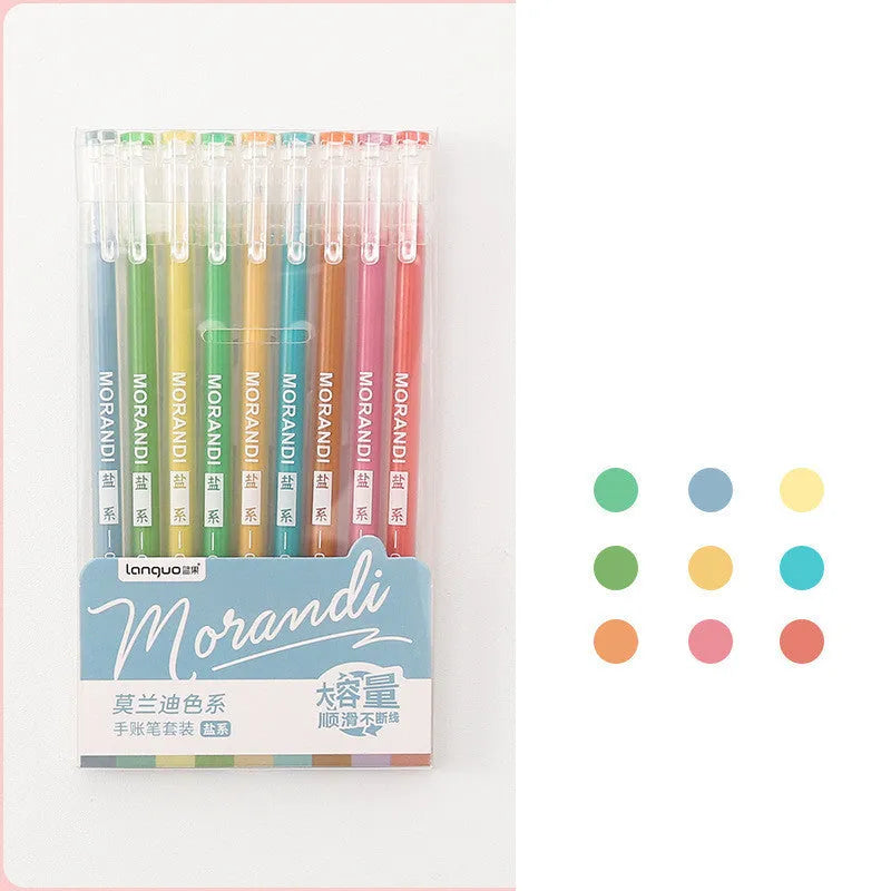 Nine gel pens in plastic case with retro Japanese colours including Nordic, salt, and sweet series themes