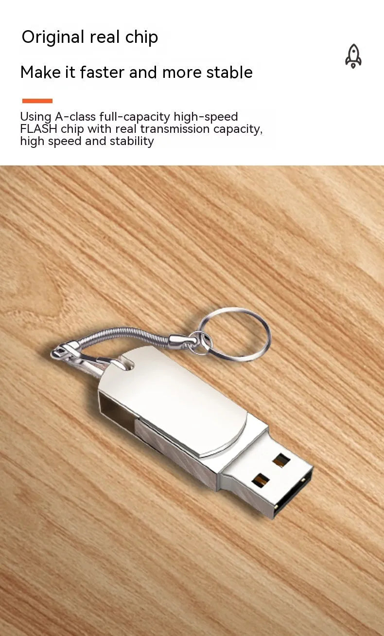 Small white metal rotating USB flash drive on a plain background