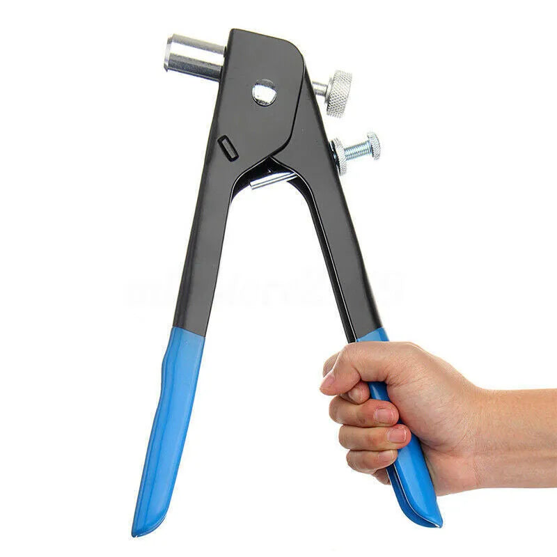 Manual riveter nut set with alloy steel construction, interchangeable nosepieces, and organised components in storage case