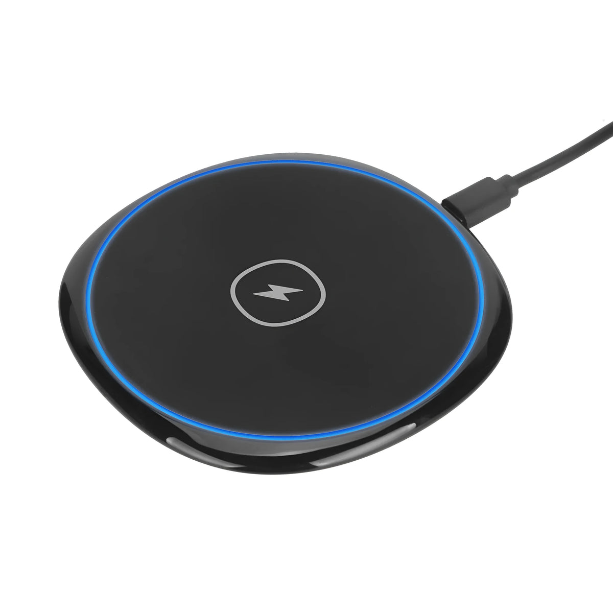 Black 15W fast wireless charger with glossy flat surface and Micro USB interface for Apple and Huawei phones