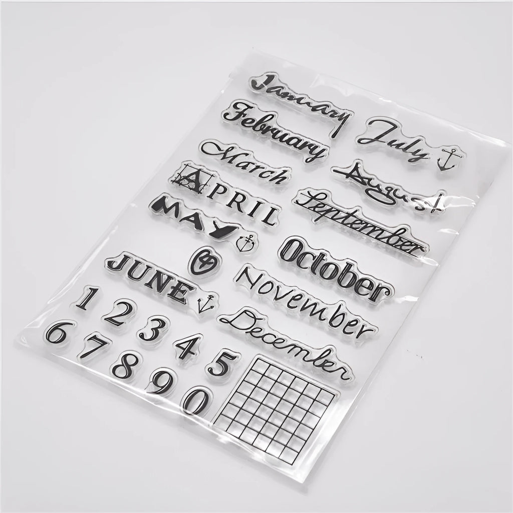 Vintage icon calendar rubber stamp made from clear silicone for craft projects.