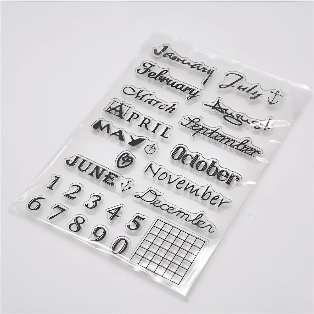 Vintage icon calendar rubber stamp made from clear silicone for craft projects.