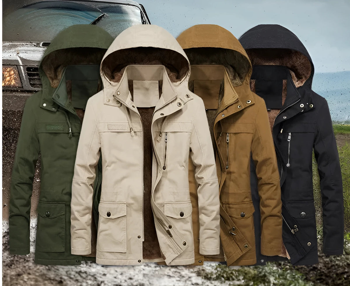Men's thickened winter jacket with stand-up collar and zip front, loose fit casual coat in khaki, black, earthy yellow or military green