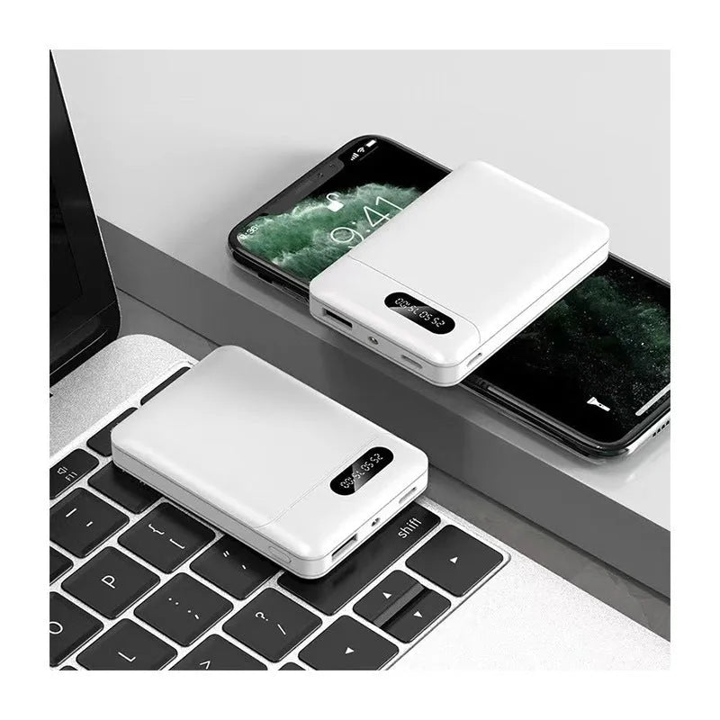 Black and white portable power bank showing compact rectangular design with USB ports