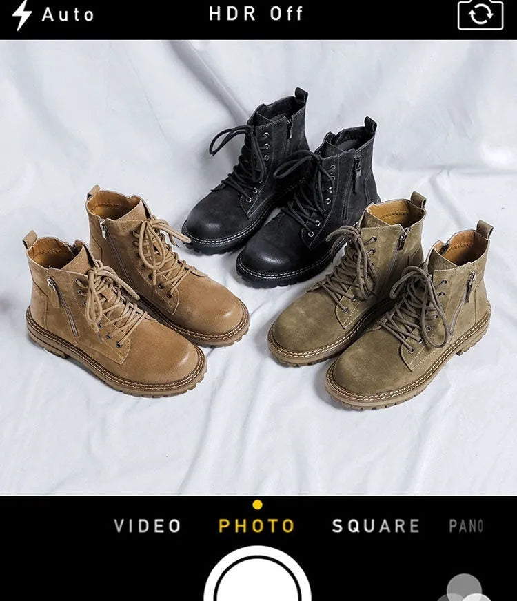 Side zip ankle boots with pigskin upper, seven-hole lace-up, English muffin heel, in black, khaki or yellow