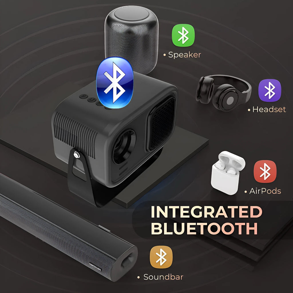 Black portable smart projector with Android system, remote control, and power cables