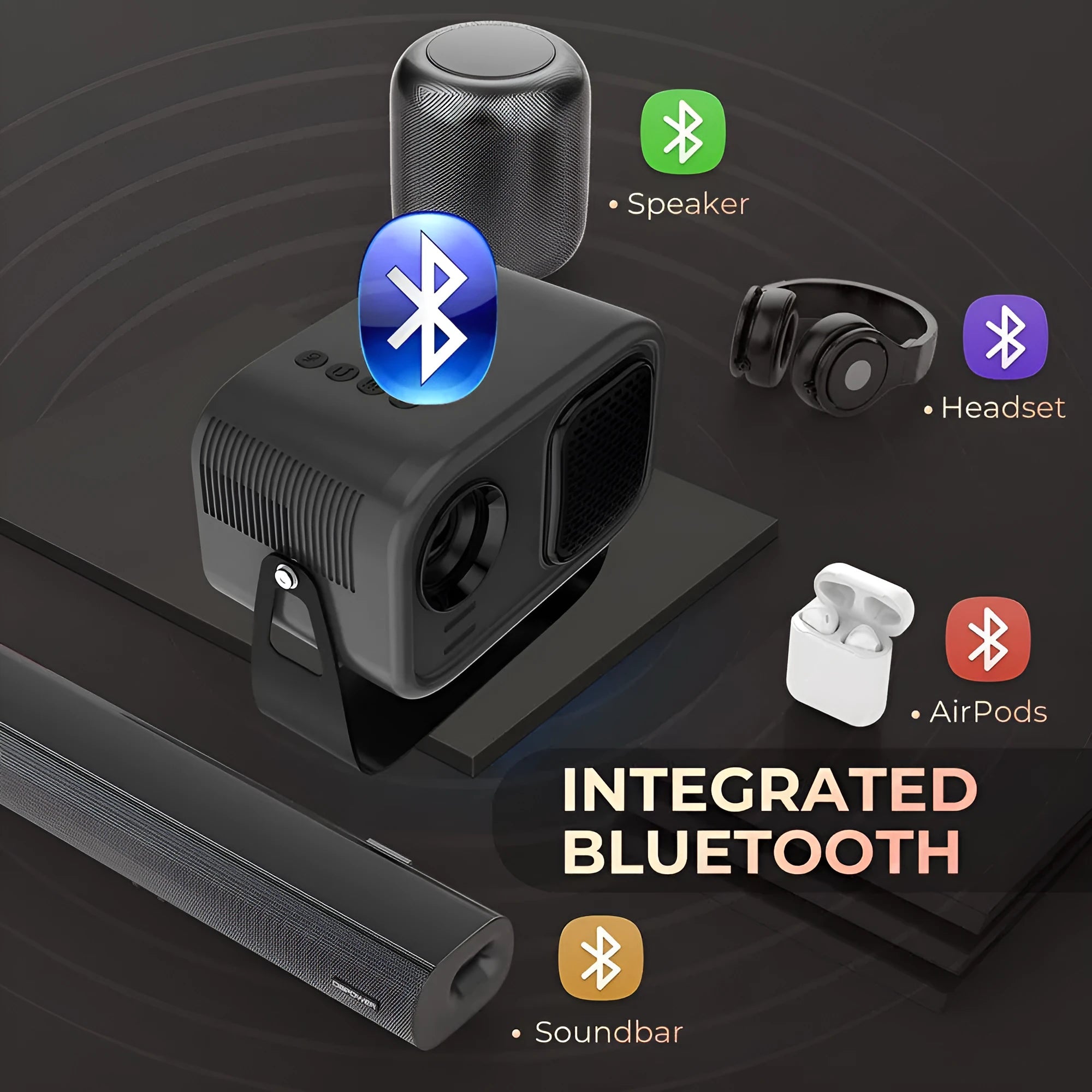 Black portable smart projector with Android system, remote control, and power cables