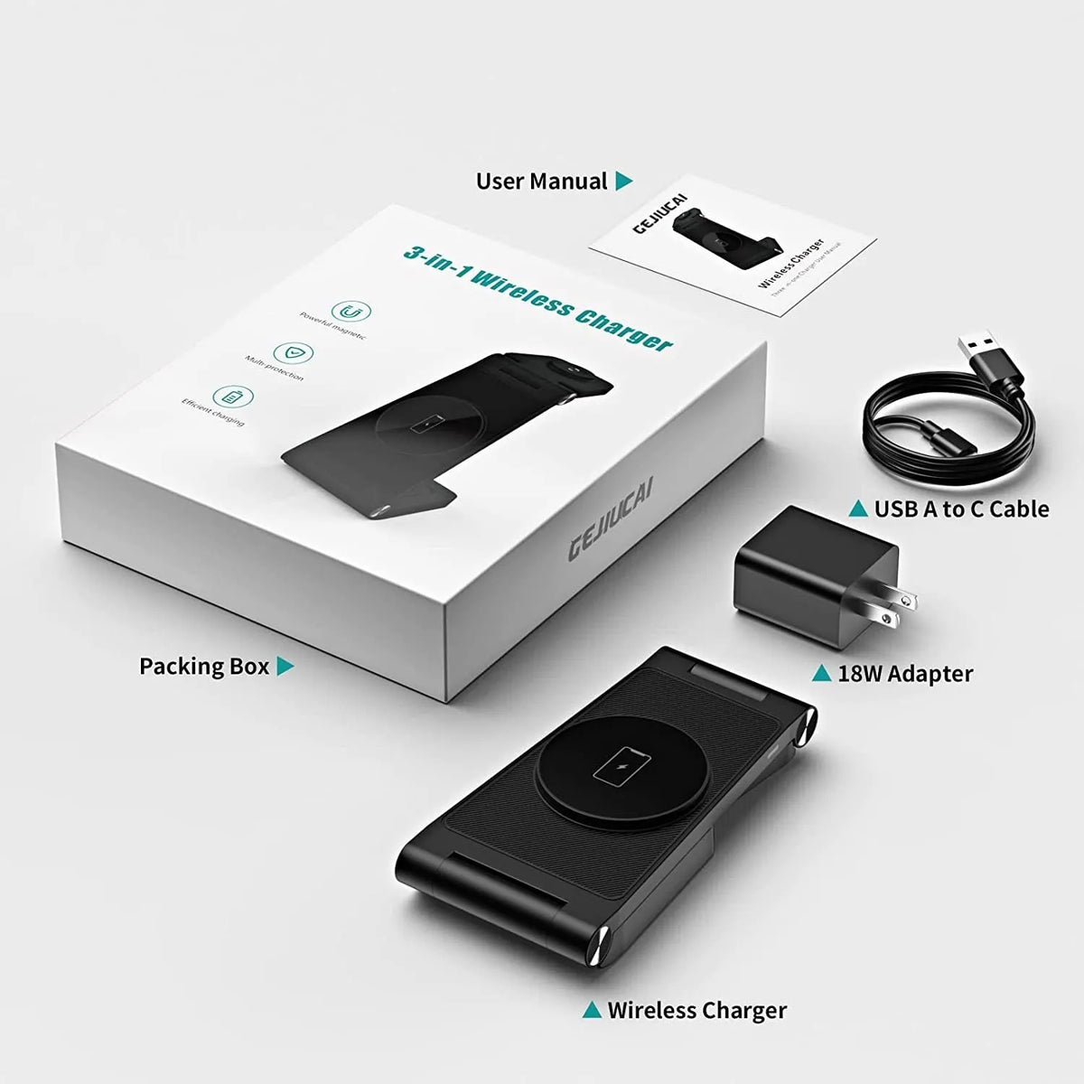 Vertical folding magnetic three-in-one wireless charger in black or white with US charging head and cable