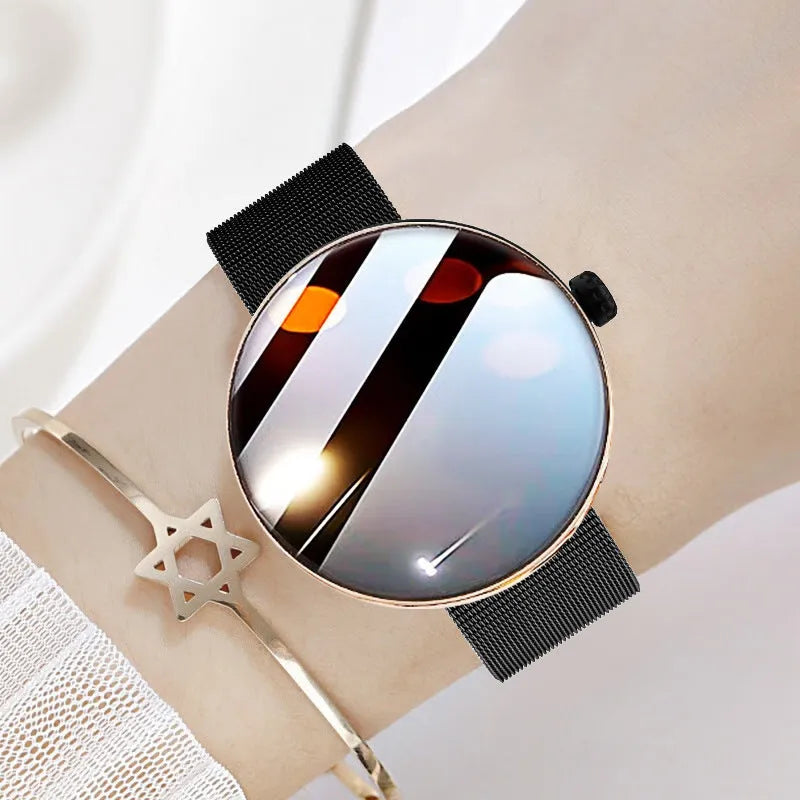Women's smart watch with circular colour screen and metal wrist strap on wrist