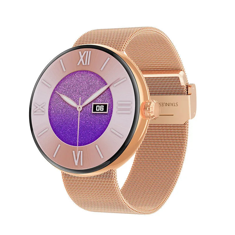 Women's smart watch with circular colour screen and metal wrist strap on wrist