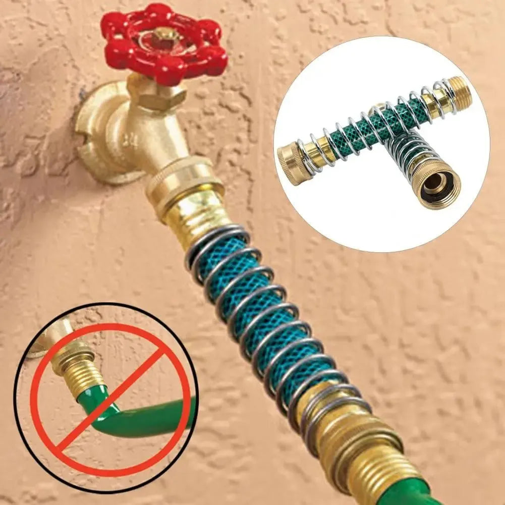 Brass garden hose connector with steel anti-kink spring measuring 15cm