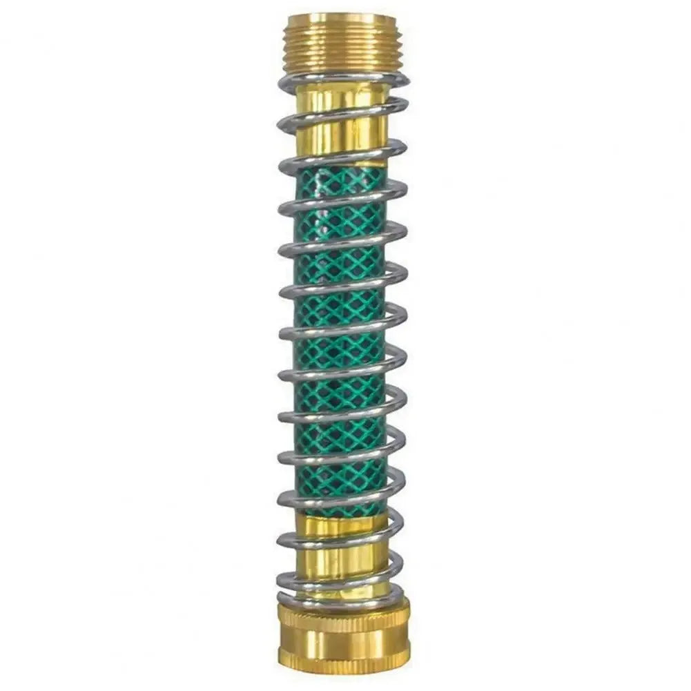 Brass garden hose connector with steel anti-kink spring measuring 15cm