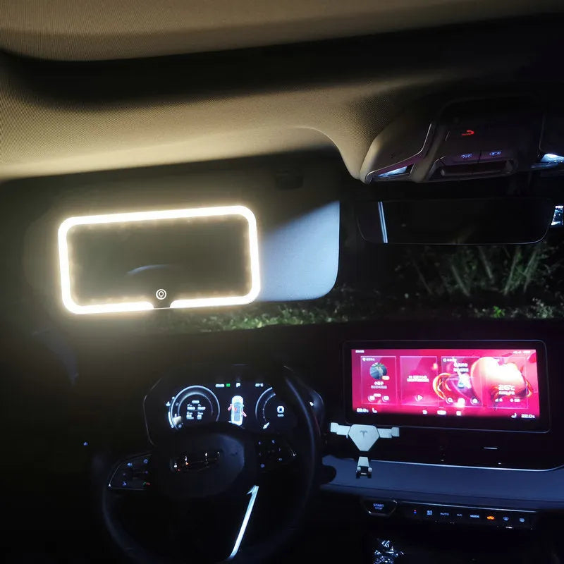 White car sun visor make-up mirror with LED light, ABS frame, aluminium mirror, 24.2 x 12 cm